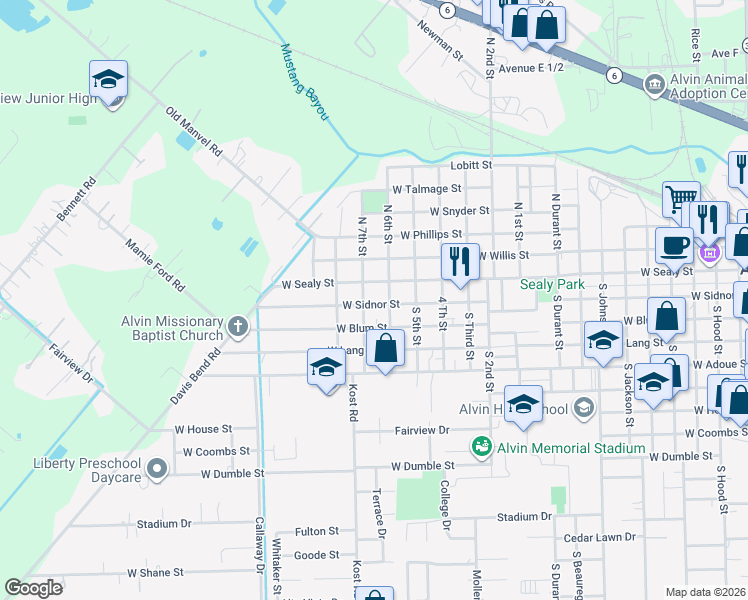 map of restaurants, bars, coffee shops, grocery stores, and more near 1614 West Sidnor Street in Alvin