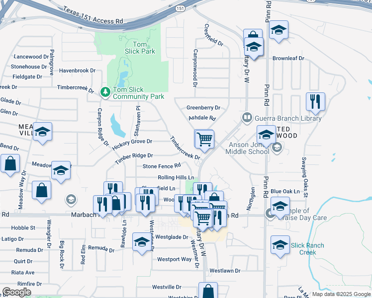 map of restaurants, bars, coffee shops, grocery stores, and more near 6929 Timbercreek Drive in San Antonio