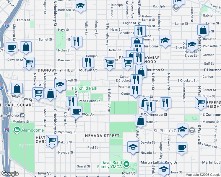 map of restaurants, bars, coffee shops, grocery stores, and more near 1015 Center Street in San Antonio