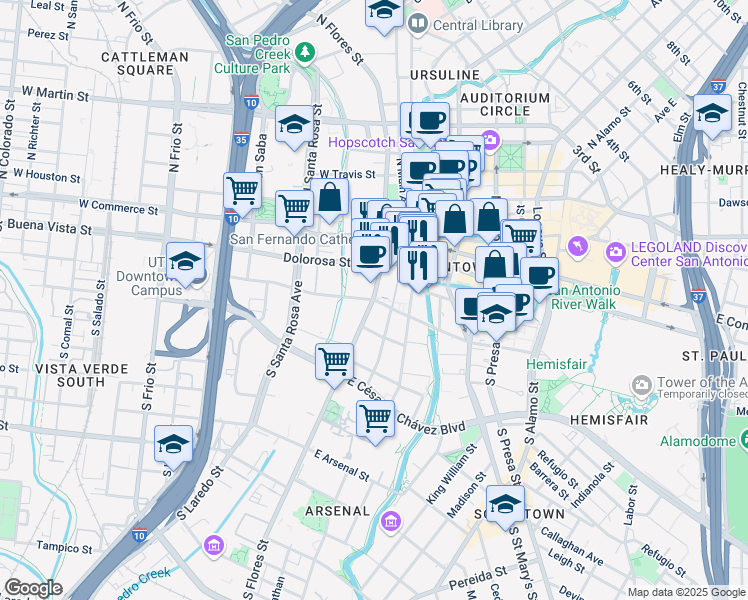 map of restaurants, bars, coffee shops, grocery stores, and more near 101 East Nueva Street in San Antonio