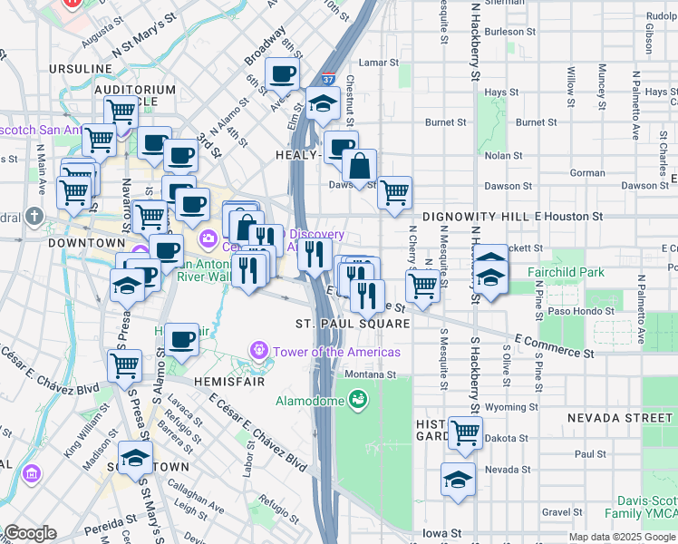 map of restaurants, bars, coffee shops, grocery stores, and more near 215 Center Street in San Antonio