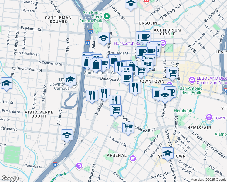 map of restaurants, bars, coffee shops, grocery stores, and more near 214 West Nueva Street in San Antonio
