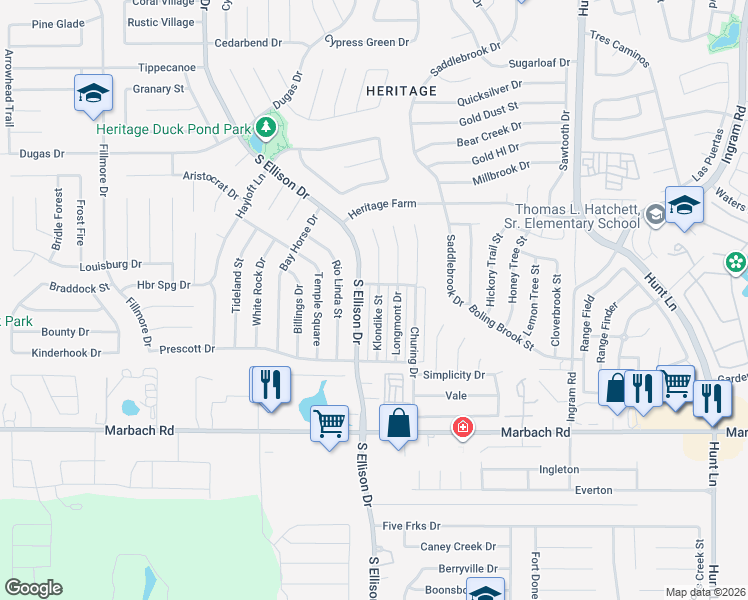 map of restaurants, bars, coffee shops, grocery stores, and more near 1220 Klondike Street in San Antonio