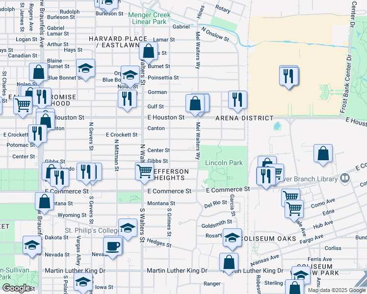 map of restaurants, bars, coffee shops, grocery stores, and more near 1846 Center Street in San Antonio