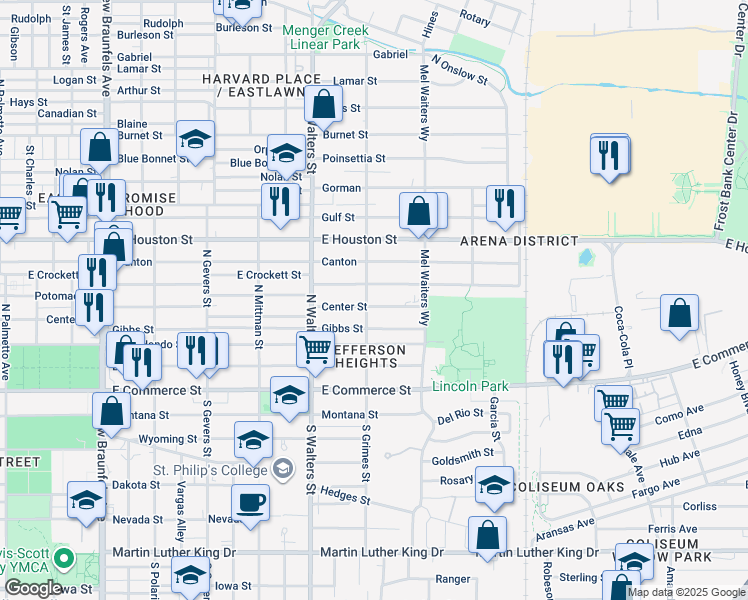 map of restaurants, bars, coffee shops, grocery stores, and more near 1810 Center Street in San Antonio