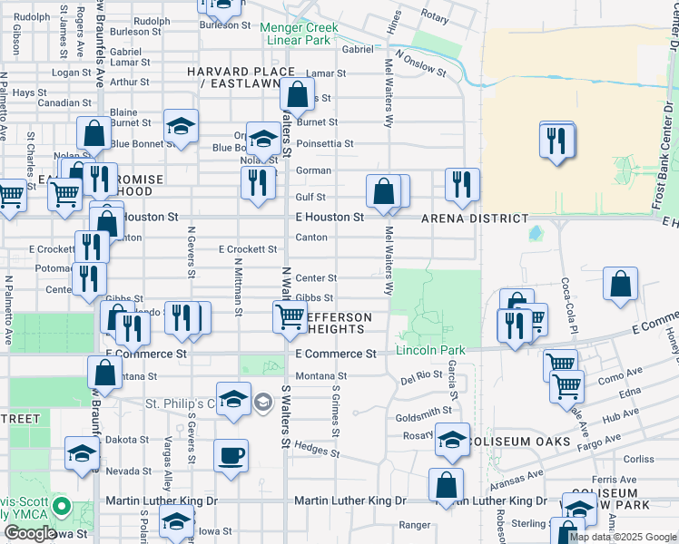 map of restaurants, bars, coffee shops, grocery stores, and more near 1810 Center Street in San Antonio