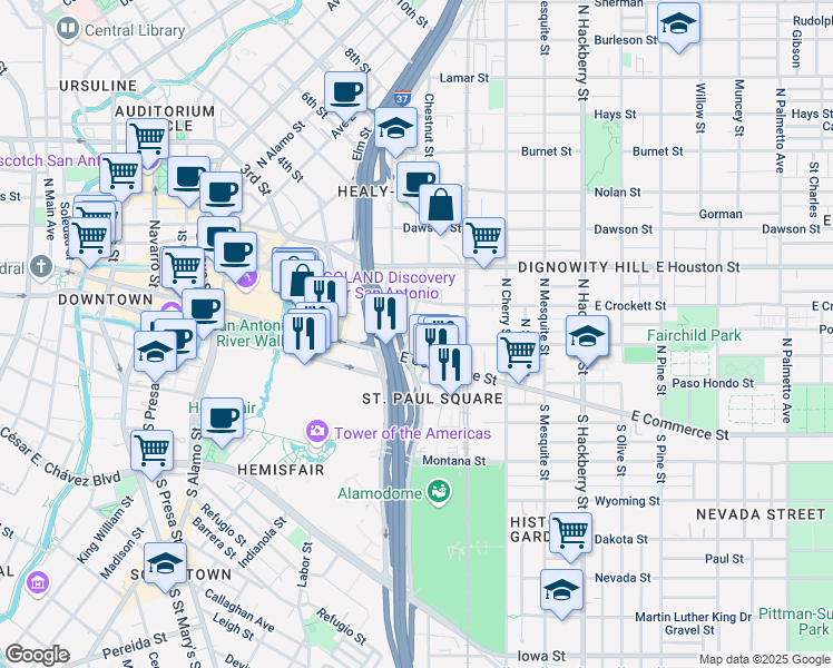 map of restaurants, bars, coffee shops, grocery stores, and more near 1123 East Commerce Street in San Antonio