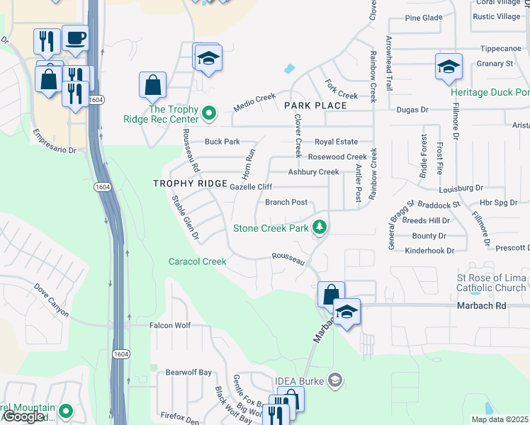 map of restaurants, bars, coffee shops, grocery stores, and more near 939 Oakwood Way in San Antonio