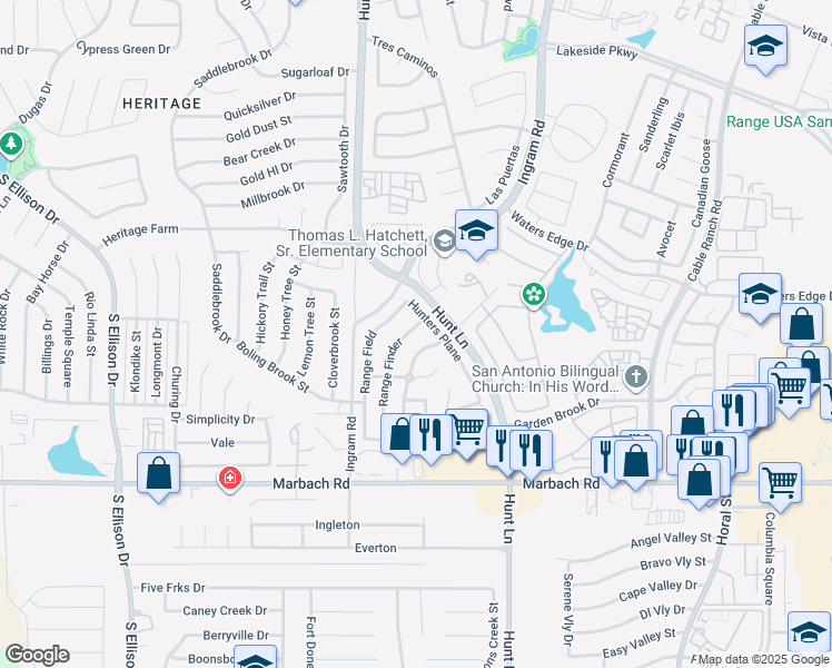 map of restaurants, bars, coffee shops, grocery stores, and more near 1214 Range Finder in San Antonio
