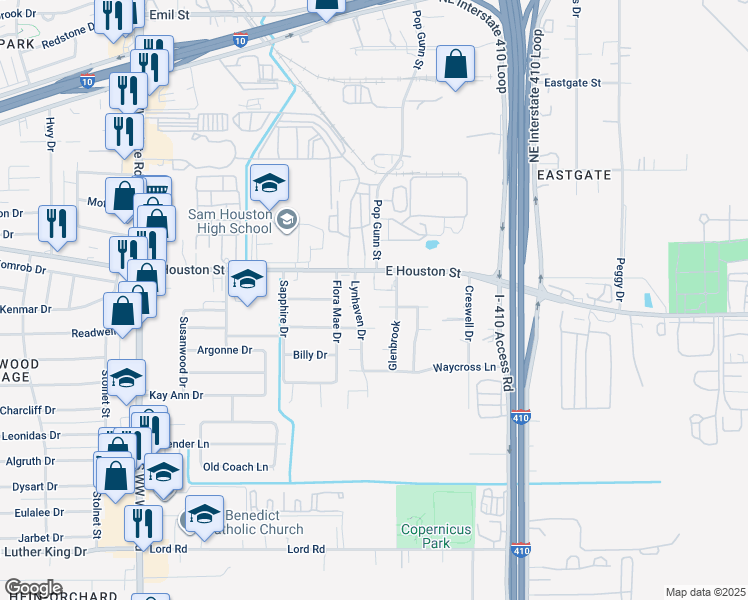 map of restaurants, bars, coffee shops, grocery stores, and more near 4902 Frostwood Drive in San Antonio