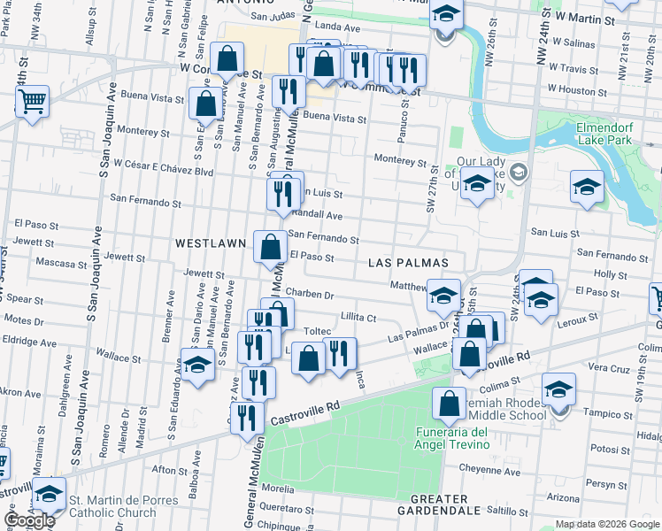 map of restaurants, bars, coffee shops, grocery stores, and more near 739 Matthews Avenue in San Antonio
