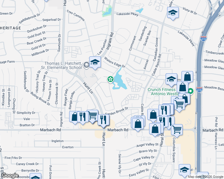 map of restaurants, bars, coffee shops, grocery stores, and more near 1231 Plaza Lake Drive in San Antonio