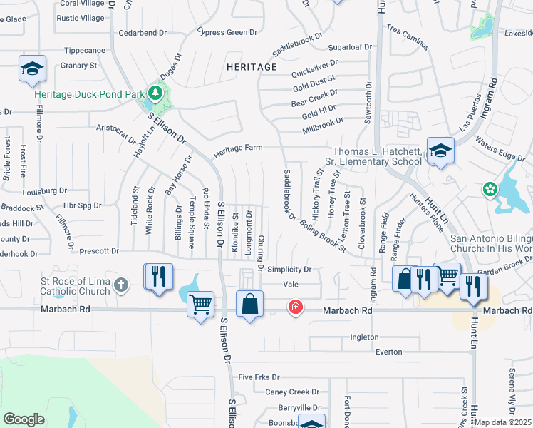 map of restaurants, bars, coffee shops, grocery stores, and more near 1221 Churing Drive in San Antonio