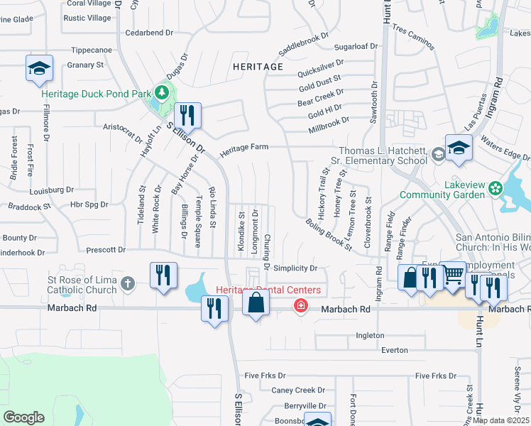 map of restaurants, bars, coffee shops, grocery stores, and more near 1221 Churing Drive in San Antonio