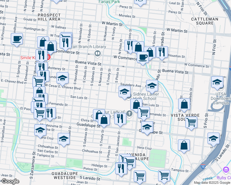map of restaurants, bars, coffee shops, grocery stores, and more near West Cesar E. Chavez Boulevard in San Antonio