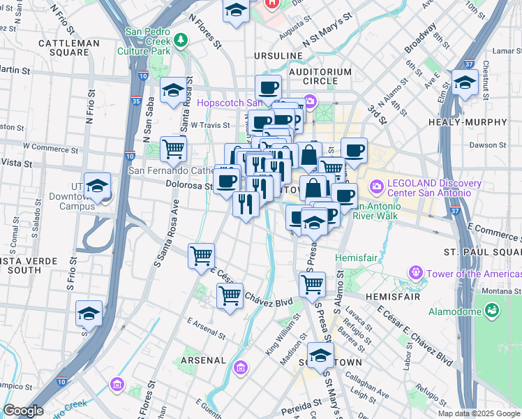map of restaurants, bars, coffee shops, grocery stores, and more near 138 Dwyer Avenue in San Antonio