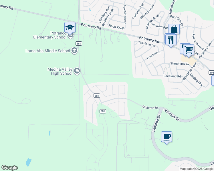 map of restaurants, bars, coffee shops, grocery stores, and more near 141 Buck Hollow in San Antonio