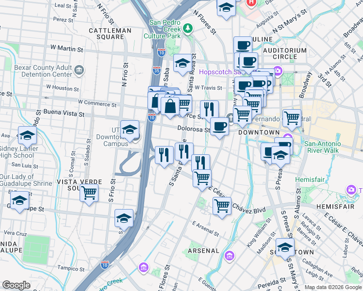 map of restaurants, bars, coffee shops, grocery stores, and more near 315 South Santa Rosa Avenue in San Antonio
