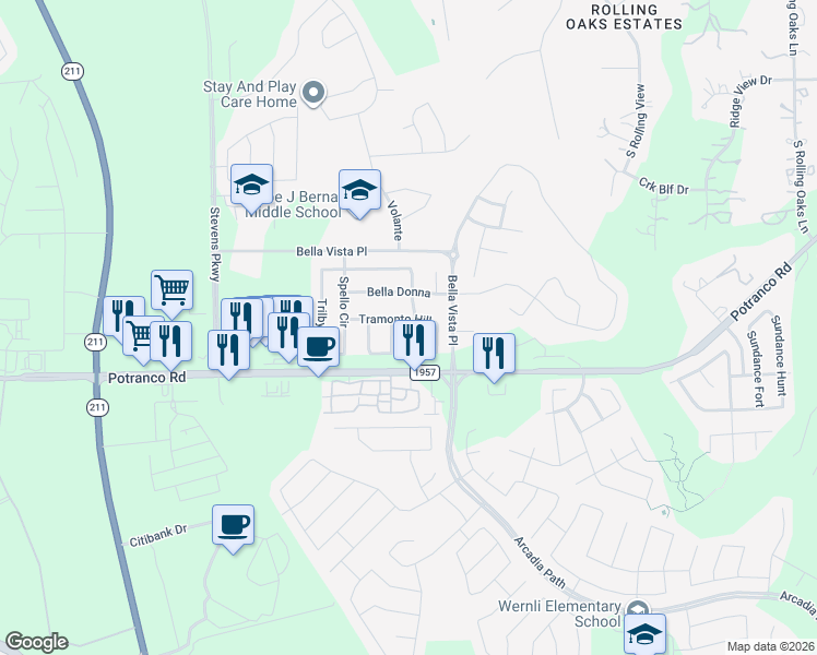 map of restaurants, bars, coffee shops, grocery stores, and more near 1007 Caprese Lane in San Antonio