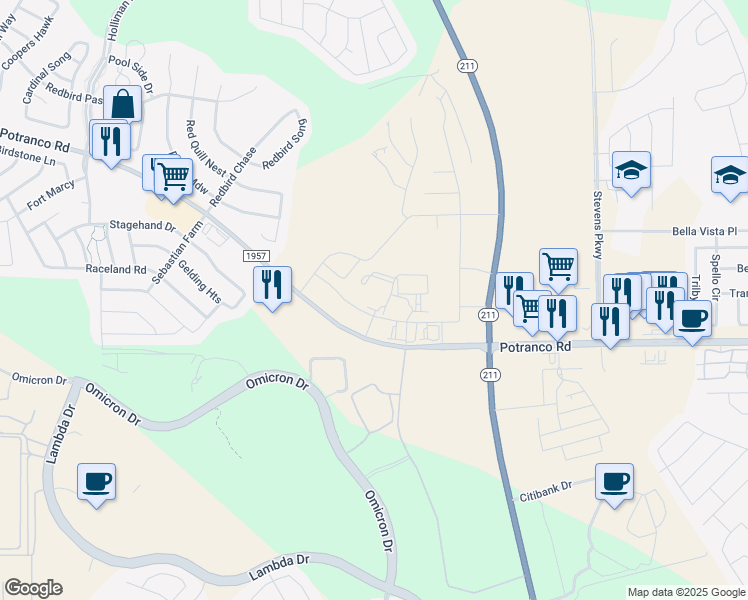 map of restaurants, bars, coffee shops, grocery stores, and more near 14625 Potranco Road in San Antonio