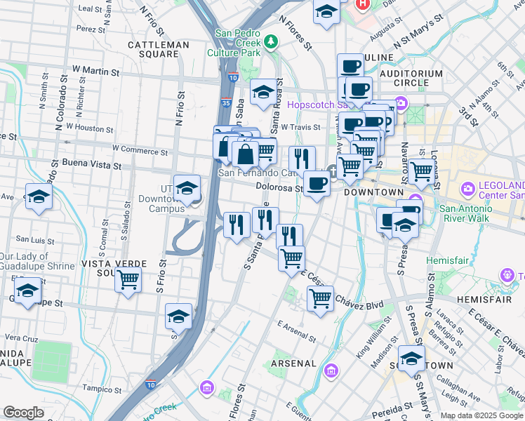 map of restaurants, bars, coffee shops, grocery stores, and more near 313 South Santa Rosa Avenue in San Antonio