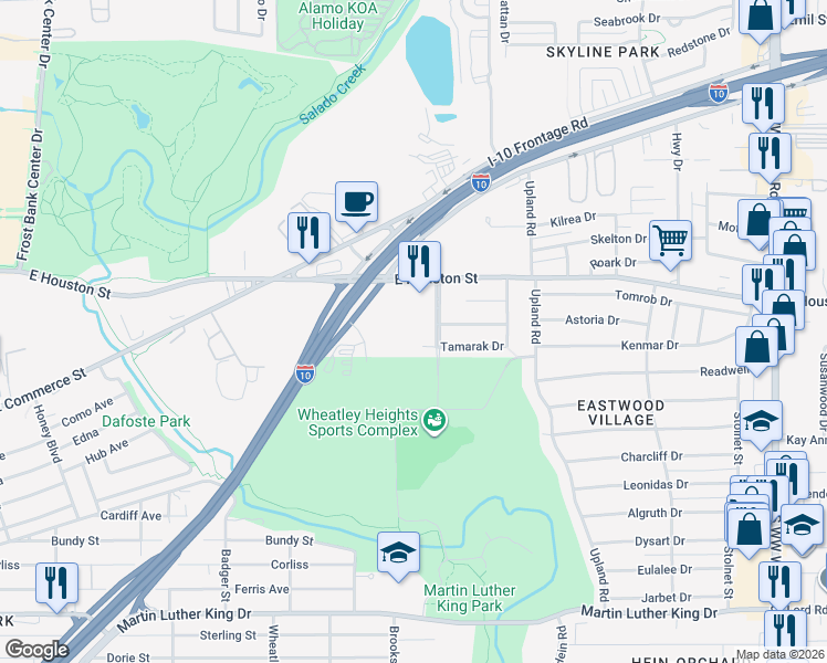 map of restaurants, bars, coffee shops, grocery stores, and more near 4011 Tamarak Drive in San Antonio