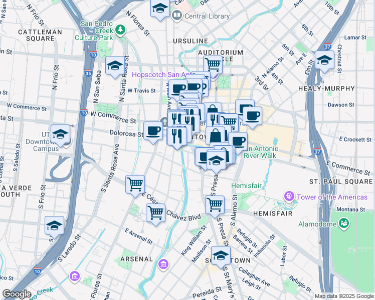 map of restaurants, bars, coffee shops, grocery stores, and more near 208 Villita Street in San Antonio