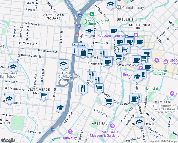 map of restaurants, bars, coffee shops, grocery stores, and more near 315 South Santa Rosa Avenue in San Antonio