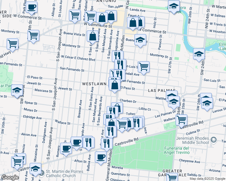map of restaurants, bars, coffee shops, grocery stores, and more near 628 South San Augustine Avenue in San Antonio