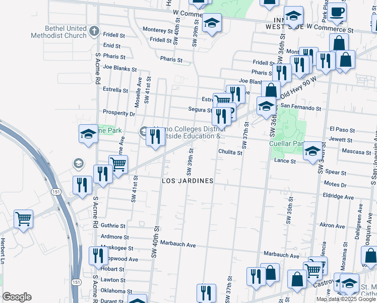 map of restaurants, bars, coffee shops, grocery stores, and more near 615 Southwest 39th Street in San Antonio