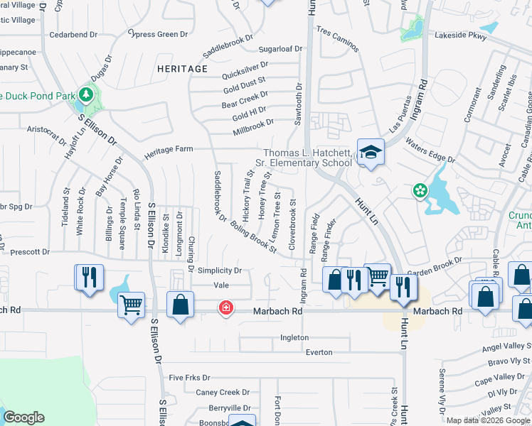 map of restaurants, bars, coffee shops, grocery stores, and more near 1066 Honey Tree Street in San Antonio