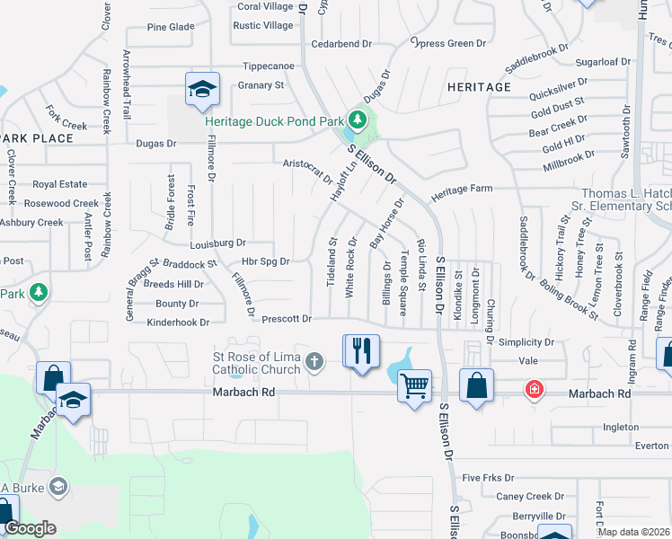 map of restaurants, bars, coffee shops, grocery stores, and more near 1314 Tideland Street in San Antonio
