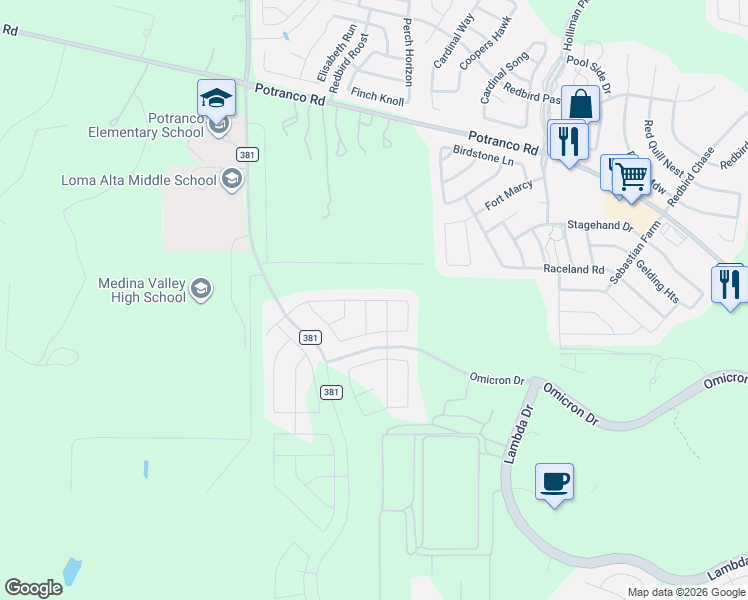 map of restaurants, bars, coffee shops, grocery stores, and more near 131 Whitetail Pass in San Antonio