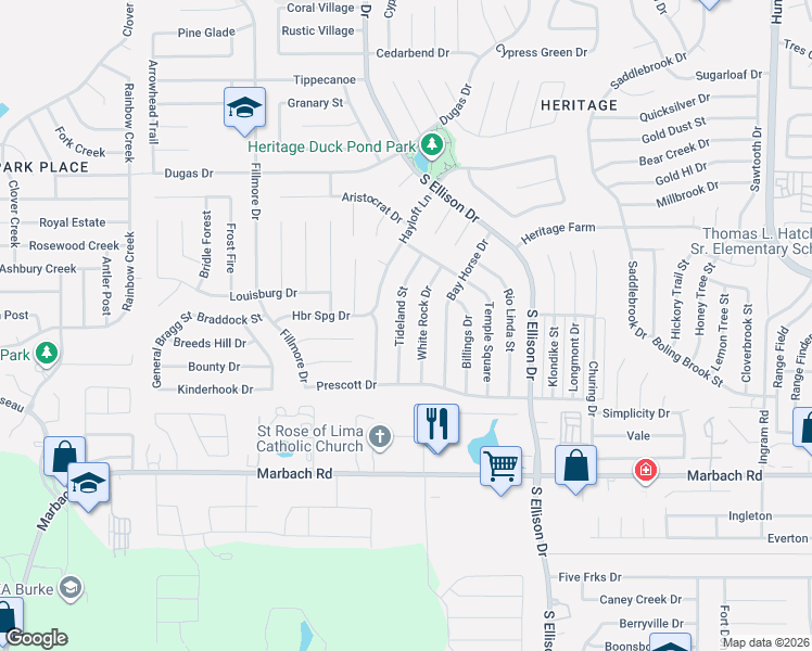 map of restaurants, bars, coffee shops, grocery stores, and more near 1314 Tideland Street in San Antonio