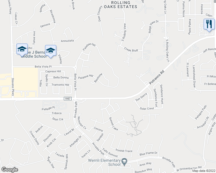 map of restaurants, bars, coffee shops, grocery stores, and more near 13539 Palatine Hill in San Antonio