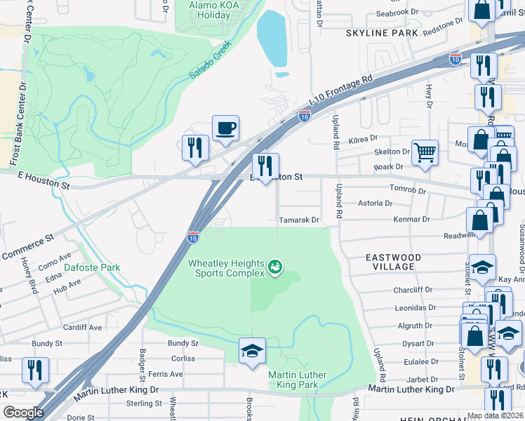 map of restaurants, bars, coffee shops, grocery stores, and more near 4011 Tamarak Drive in San Antonio