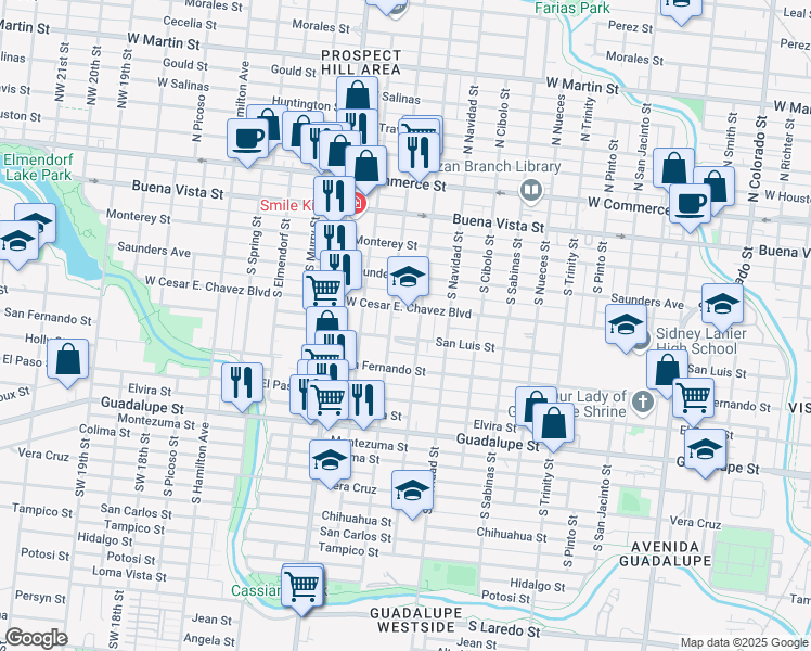 map of restaurants, bars, coffee shops, grocery stores, and more near 2311 San Luis Street in San Antonio