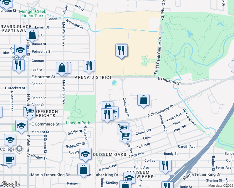 map of restaurants, bars, coffee shops, grocery stores, and more near 3040 East Houston Street in San Antonio