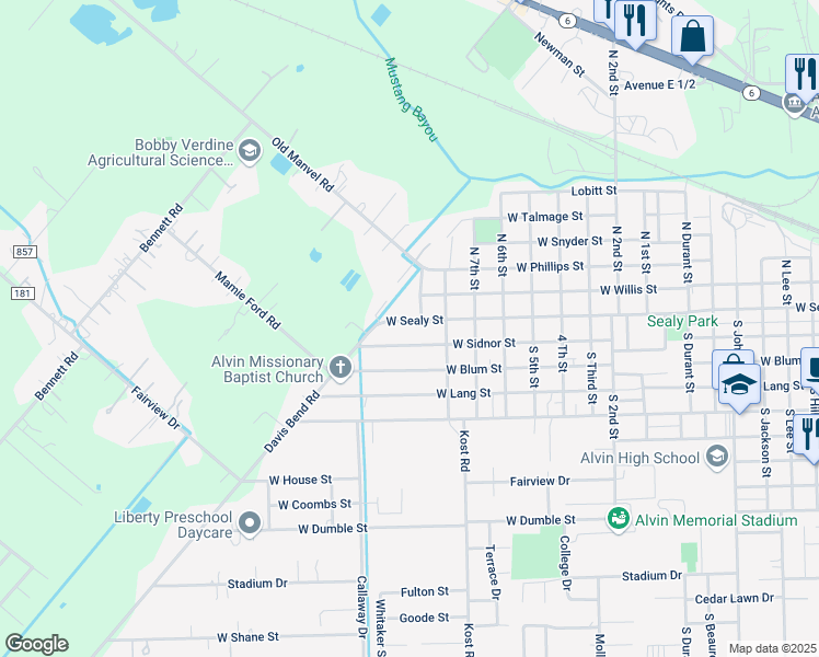 map of restaurants, bars, coffee shops, grocery stores, and more near 1818 West Sidnor Street in Alvin