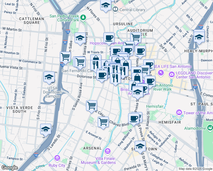 map of restaurants, bars, coffee shops, grocery stores, and more near 101 East Nueva Street in San Antonio