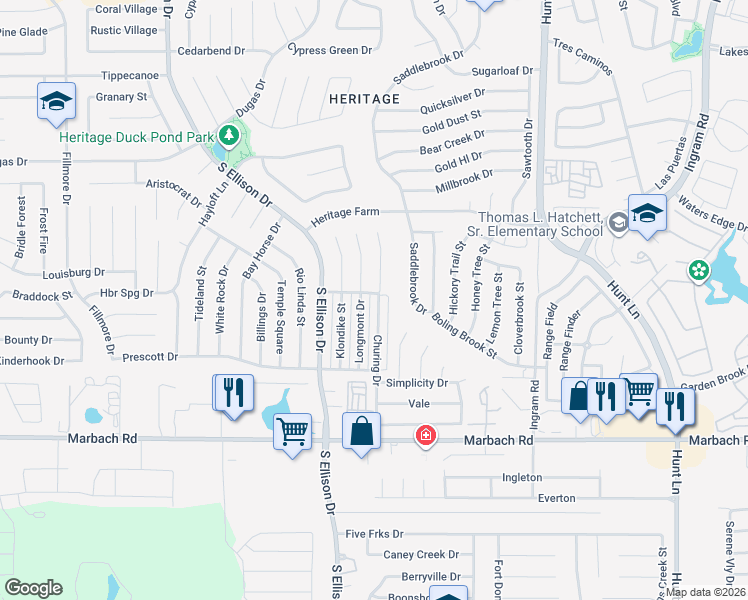 map of restaurants, bars, coffee shops, grocery stores, and more near 1221 Churing Drive in San Antonio