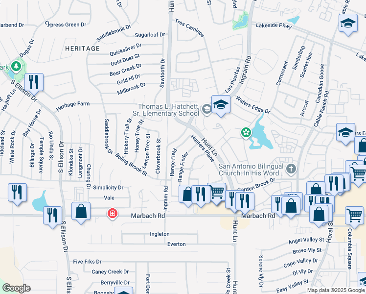 map of restaurants, bars, coffee shops, grocery stores, and more near 1306 Range Field in San Antonio