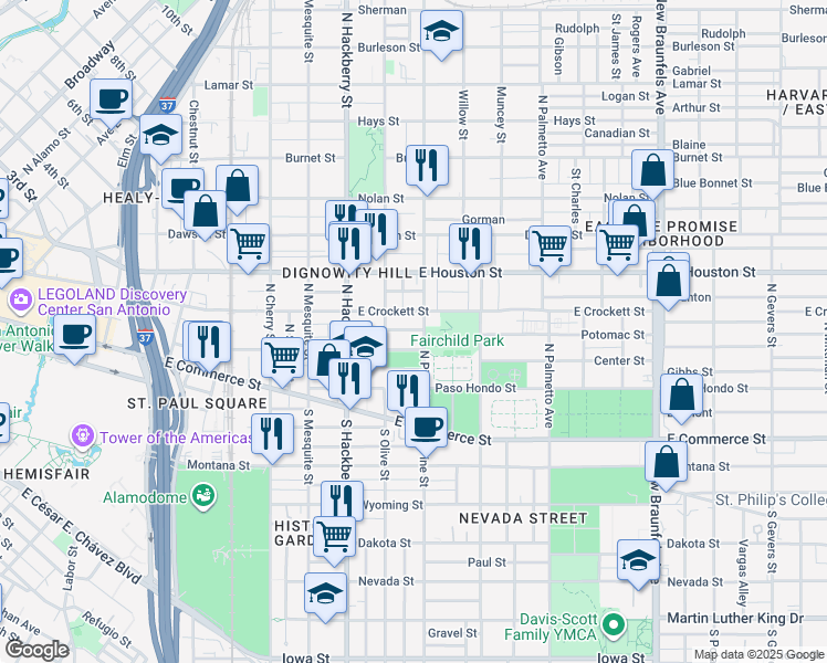map of restaurants, bars, coffee shops, grocery stores, and more near 727 Center Street in San Antonio