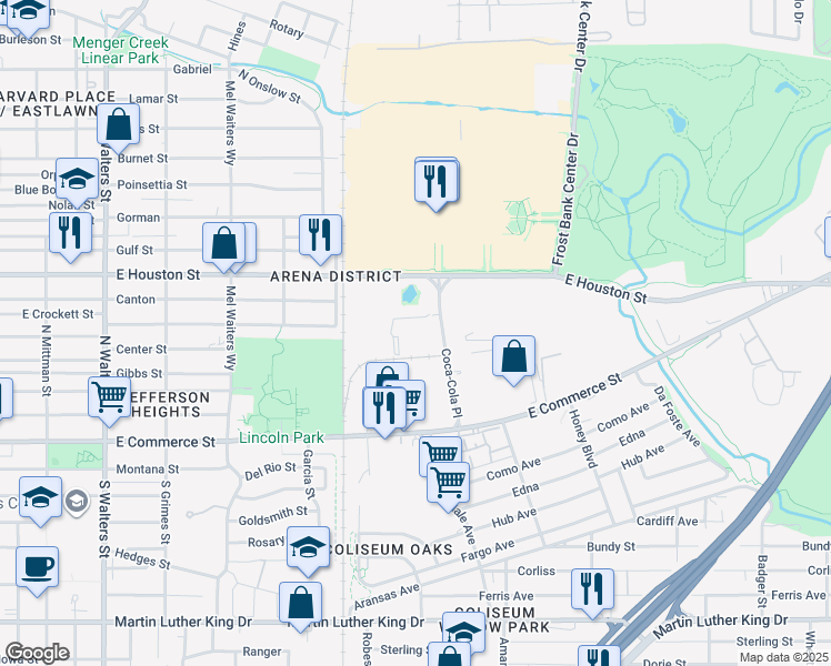 map of restaurants, bars, coffee shops, grocery stores, and more near 3040 East Houston Street in San Antonio