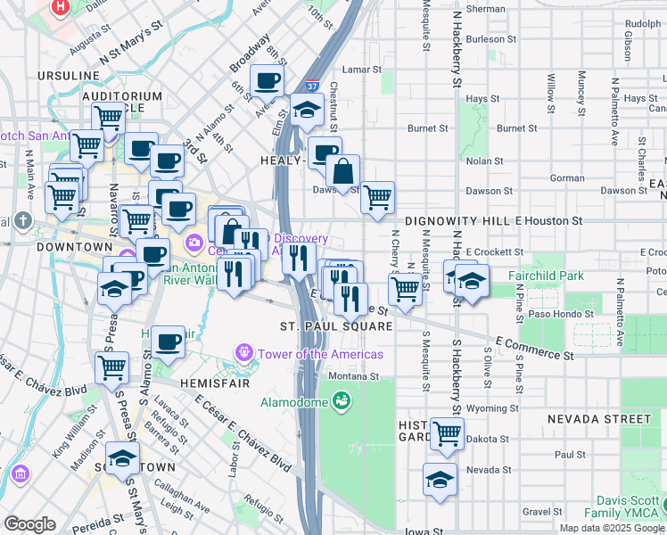 map of restaurants, bars, coffee shops, grocery stores, and more near 1123 East Commerce Street in San Antonio