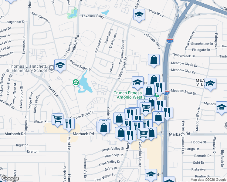 map of restaurants, bars, coffee shops, grocery stores, and more near 8634 Harvest Moon in San Antonio
