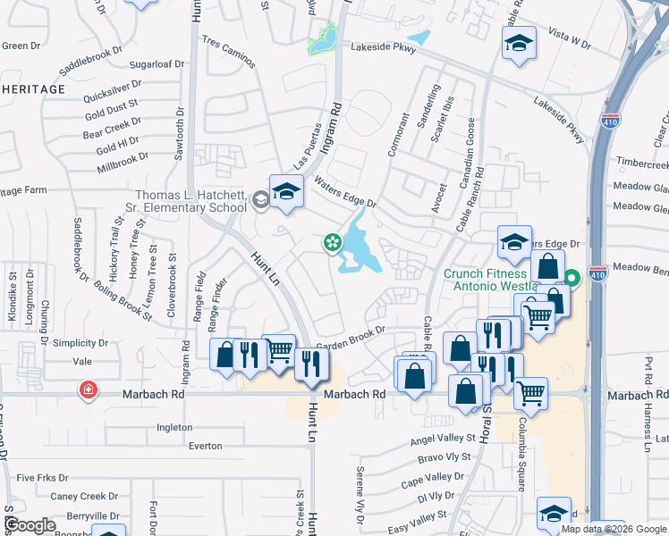 map of restaurants, bars, coffee shops, grocery stores, and more near 1231 Plaza Lake Drive in San Antonio