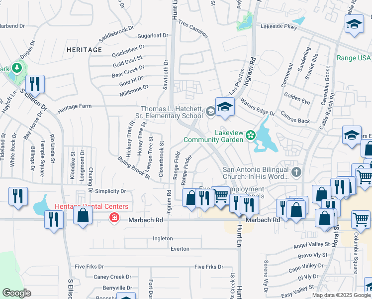 map of restaurants, bars, coffee shops, grocery stores, and more near 1306 Range Field in San Antonio