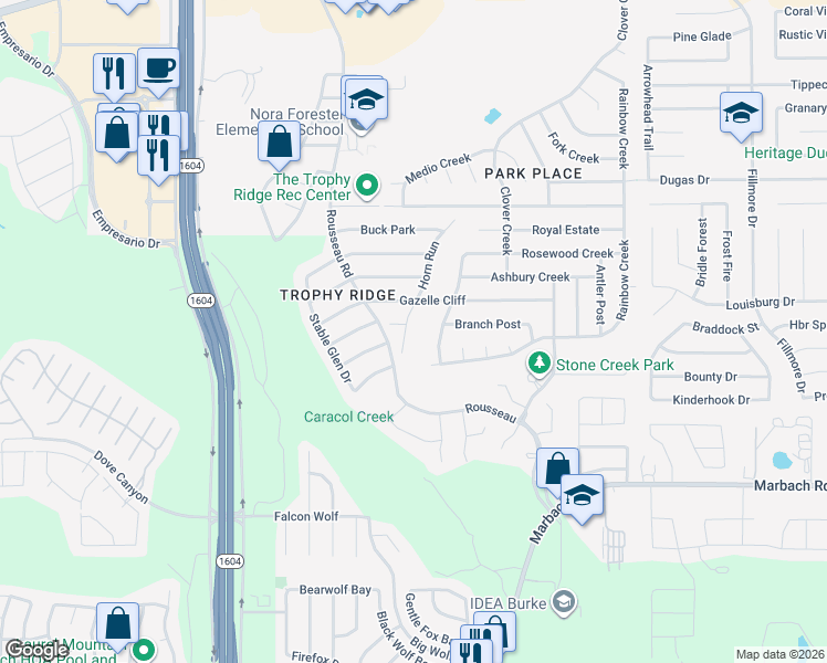 map of restaurants, bars, coffee shops, grocery stores, and more near 10706 Gazelle Cliff in San Antonio