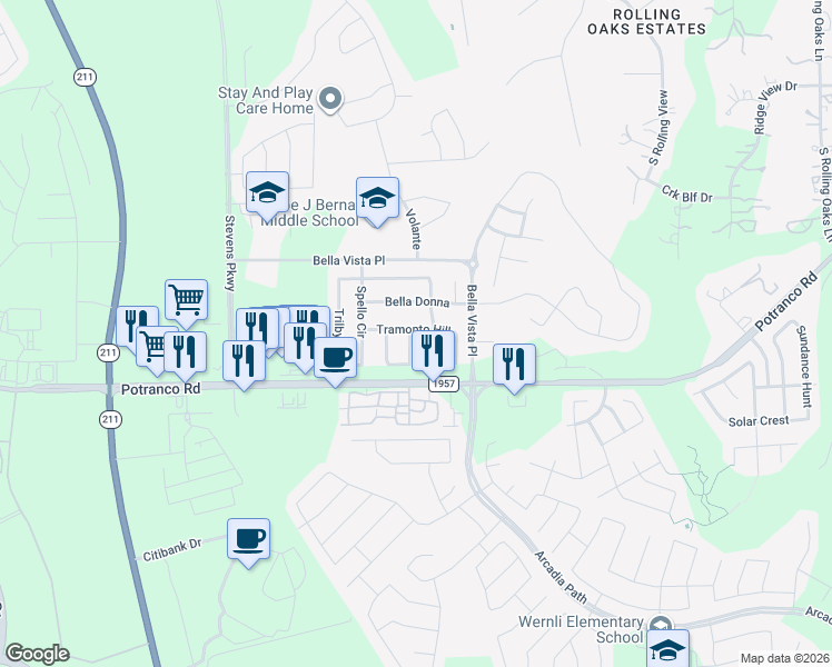 map of restaurants, bars, coffee shops, grocery stores, and more near 1023 Caprese Lane in San Antonio